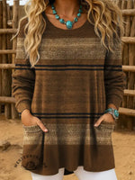 Women's Vintage Art Print Casual Crew Neck Pocket Knit Top