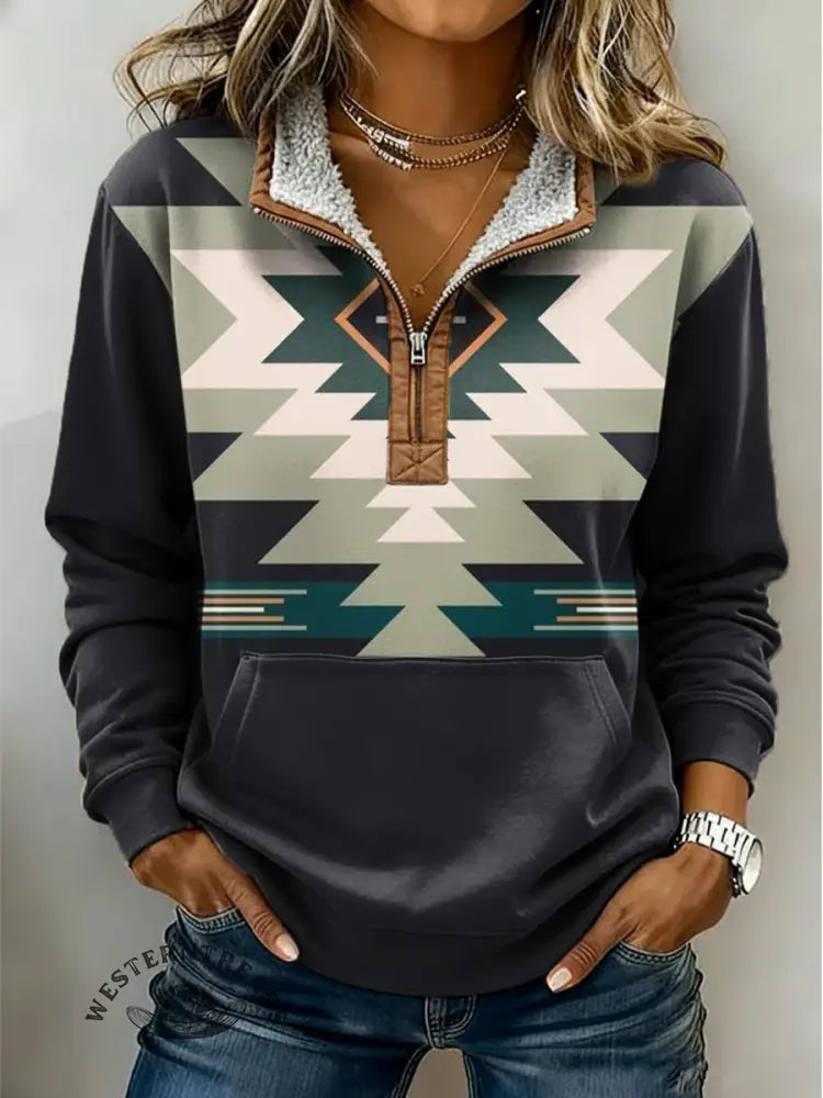 Vintage Aztec Art Print Casual Half-zip Cotton Sweatshirt