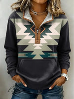 Vintage Aztec Art Print Casual Half-zip Cotton Sweatshirt