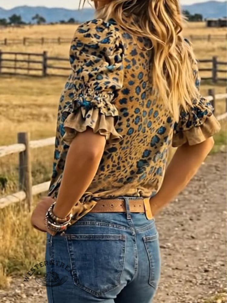 Women's Leopard Print Puff Sleeve Casual Shirt