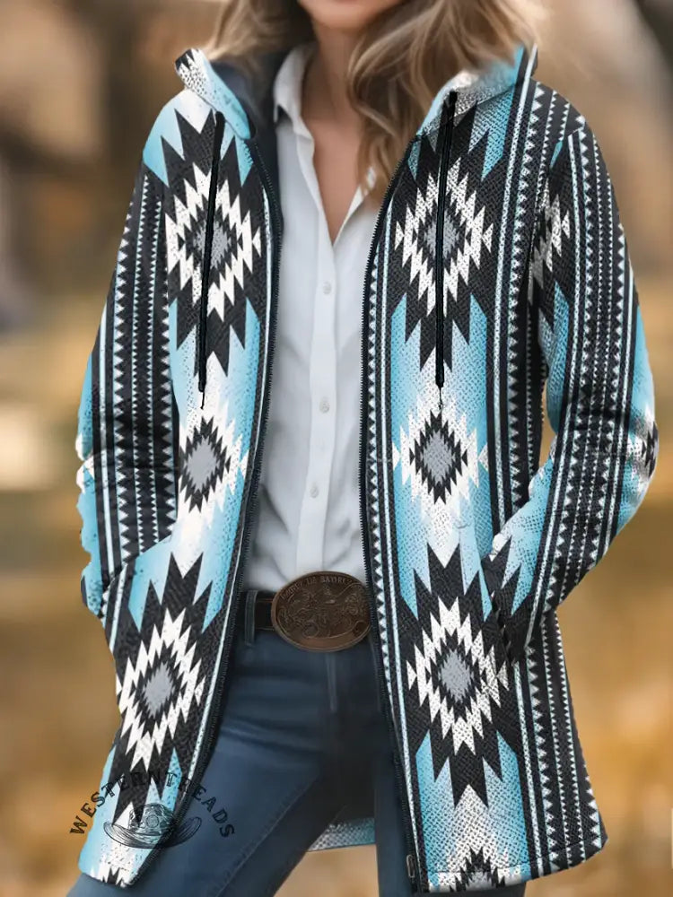 Aztec Print Unisex Plush Thick Long-Sleeved Cardigan Coat