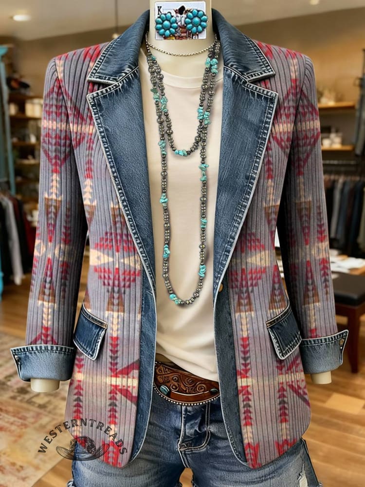 Aztec Print Patchwork Denim Sweater