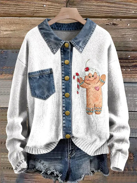 Cute Gingerbread Man Print Patchwork Denim Knit Pullover Sweater