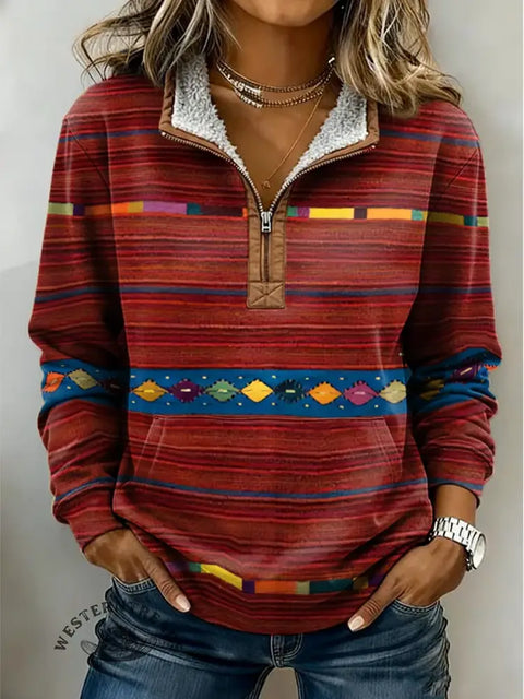 Retro Art Pattern Casual Half-Zip Cotton Sweatshirt