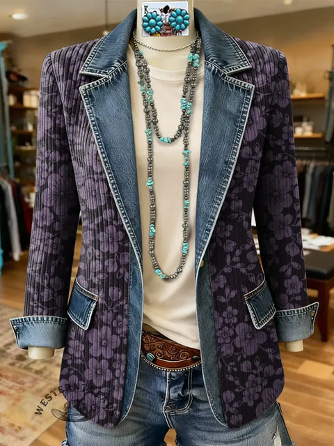 Purple Flower Art Print Patchwork Denim Sweater Cardigan Coat
