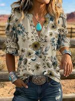 Women's Retro Floral Art Puff Sleeve Casual Shirt