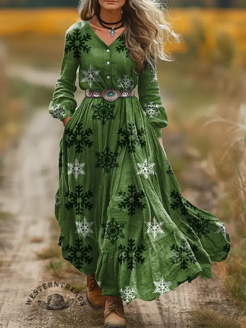 Women's Christmas Print V-Neck Button Pocket Cotton Dress