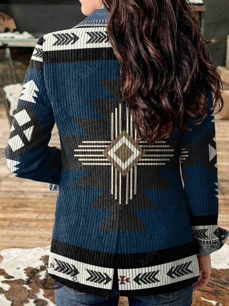 Aztec Print Patchwork Denim Sweater