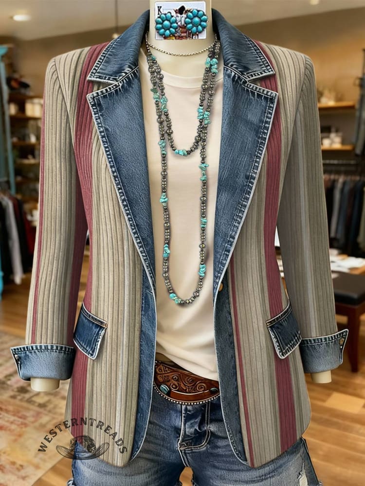 Stripe Print Patchwork Denim Sweater