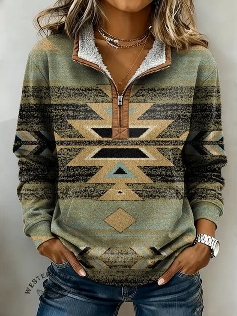 Retro Aztec Print Casual Half-zip Cotton Sweatshirt