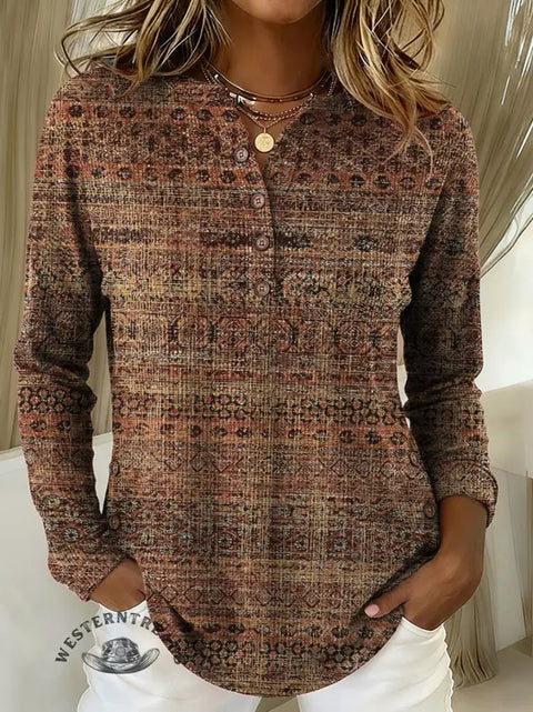 Women's Retro Texture Print Casual Cotton Shirt
