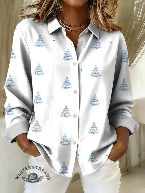 Women's Simple Tree Art Print Casual Cotton Shirt