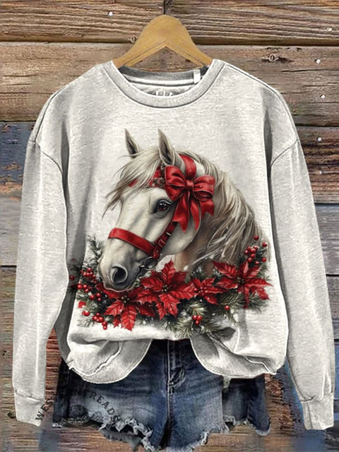 Retro Christmas Horse Casual Cotton Sweatshirt