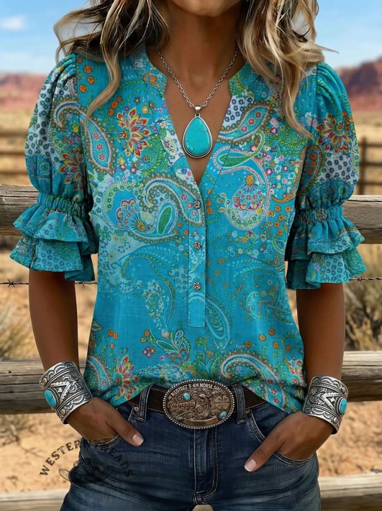 Women's Paisley Art Puff Sleeve Casual Shirt