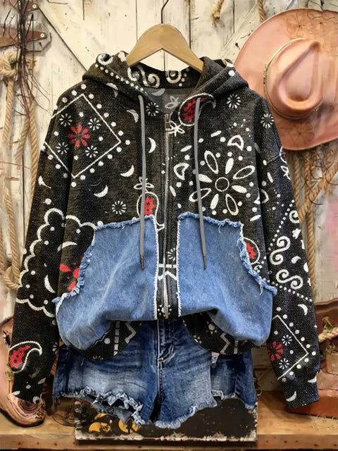 Retro  Western Print Casual Cotton Patchwork Hooded Zip-up Sweatshirt