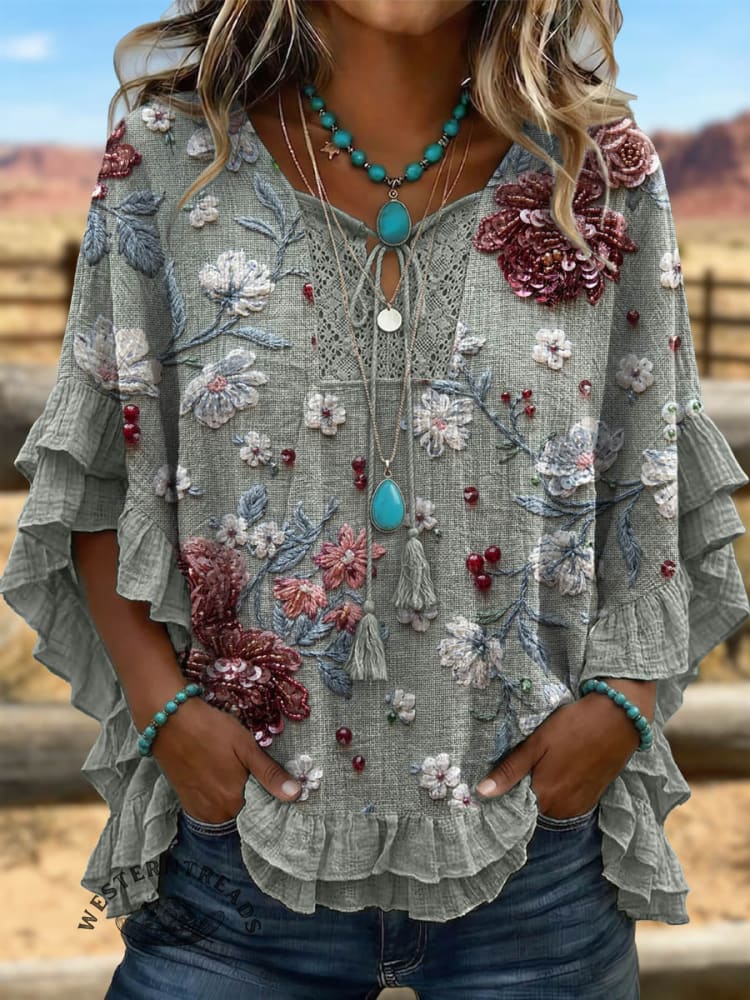Vintage ArtPatchwork Hollow Design Cotton And Linen Shirt