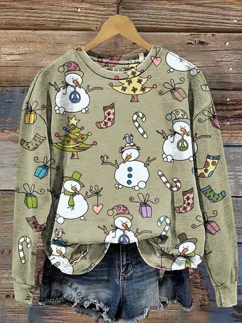 Christmas Peace and Love Snowman Casual Cotton Sweatshirt