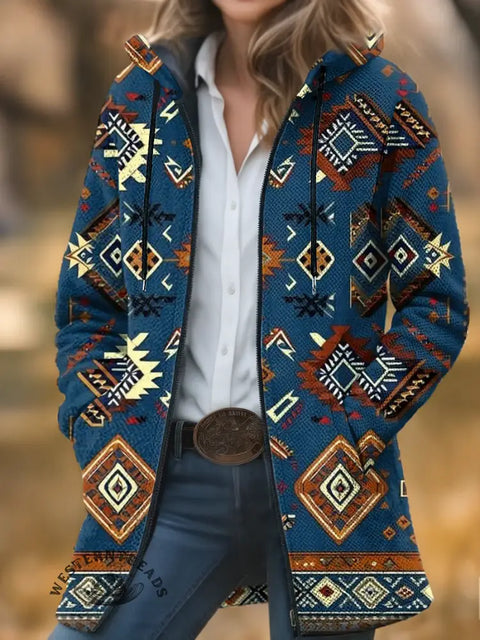 Retro Colorful Aztec Unisex Plush Thick Long-sleeved Cardigan Coat
