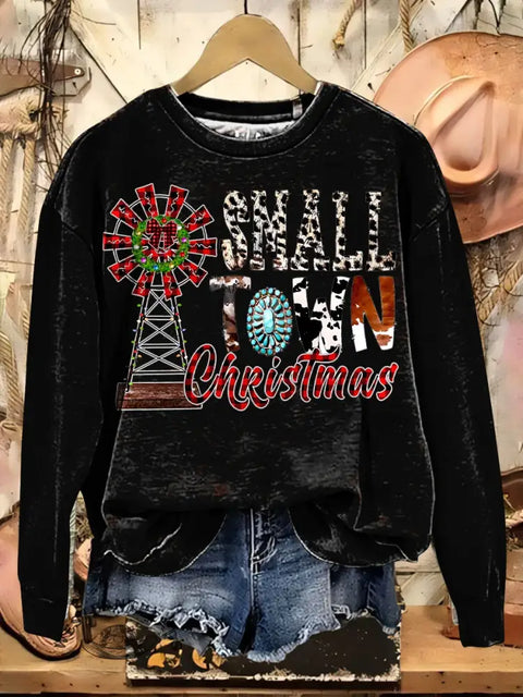 Cowboy Christmas Print Casual Cotton Sweatshirt