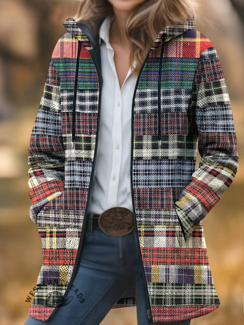 Tartan Print Unisex Plush Thick Long-sleeved Cardigan Coat