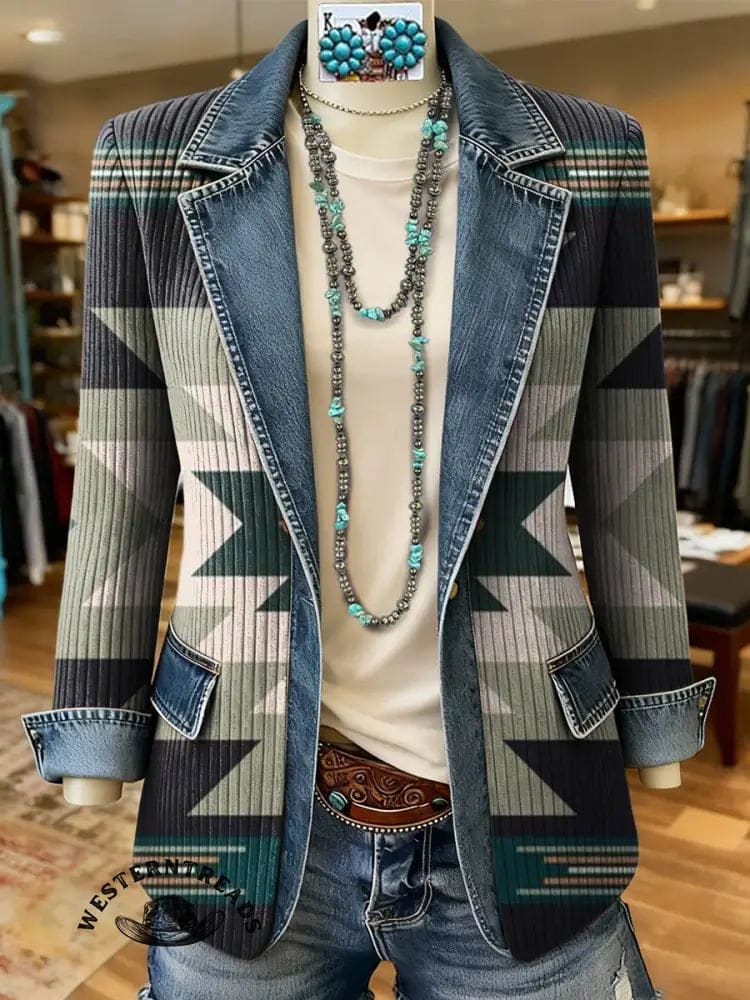 Vintage Aztec Art Print Patchwork Denim Sweater Cardigan Coat