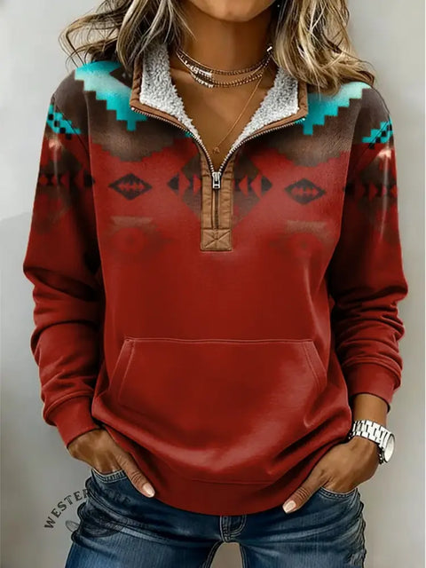 Retro Aztec Print Casual Half-zip Cotton Sweatshirt