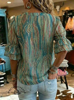 Vintage Art Print Casual Chiffon Ruffle Shirt