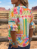 Vintage Art Print Comfortable Summer Fabrics Puff Sleeve Casual Shirt