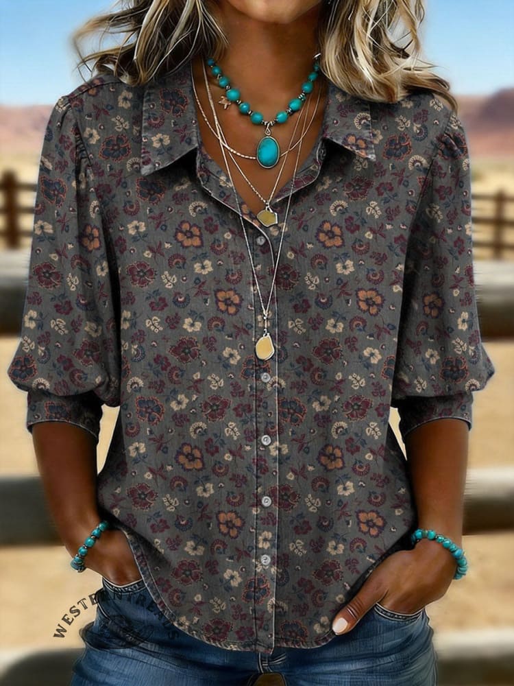 Vintage Floral Prints Casual Cotton Shirt