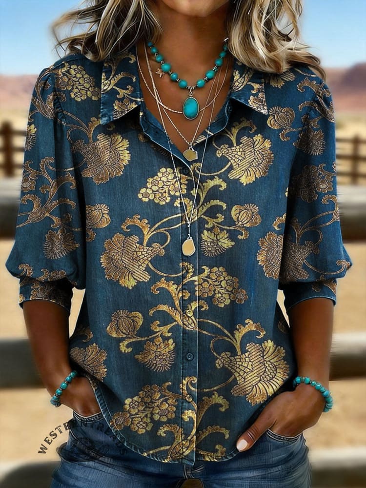 Vintage Floral Print Casual Puff Sleeve Denim Shirt