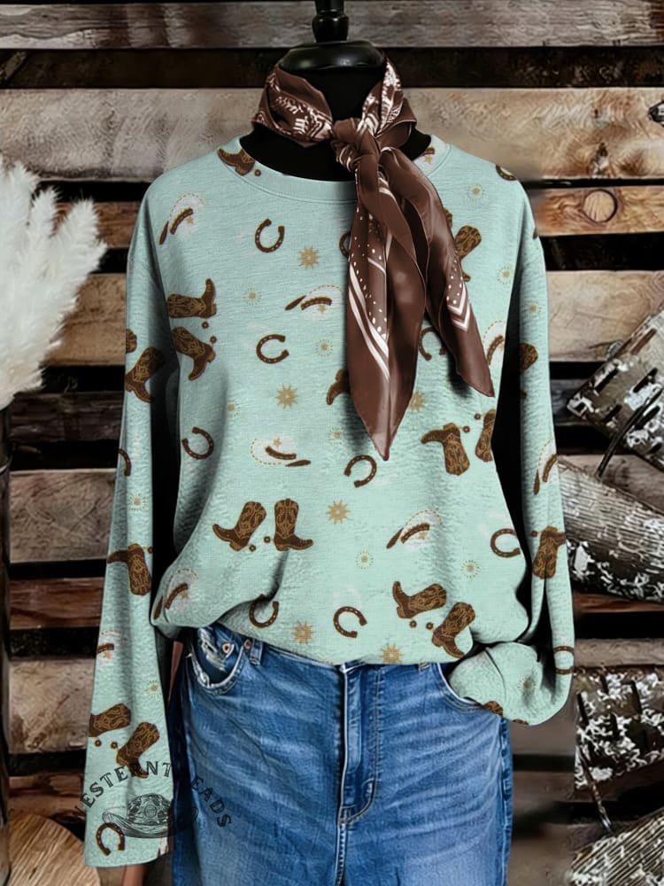 Vintage Western Art Print Casual Cotton Sweatshirt