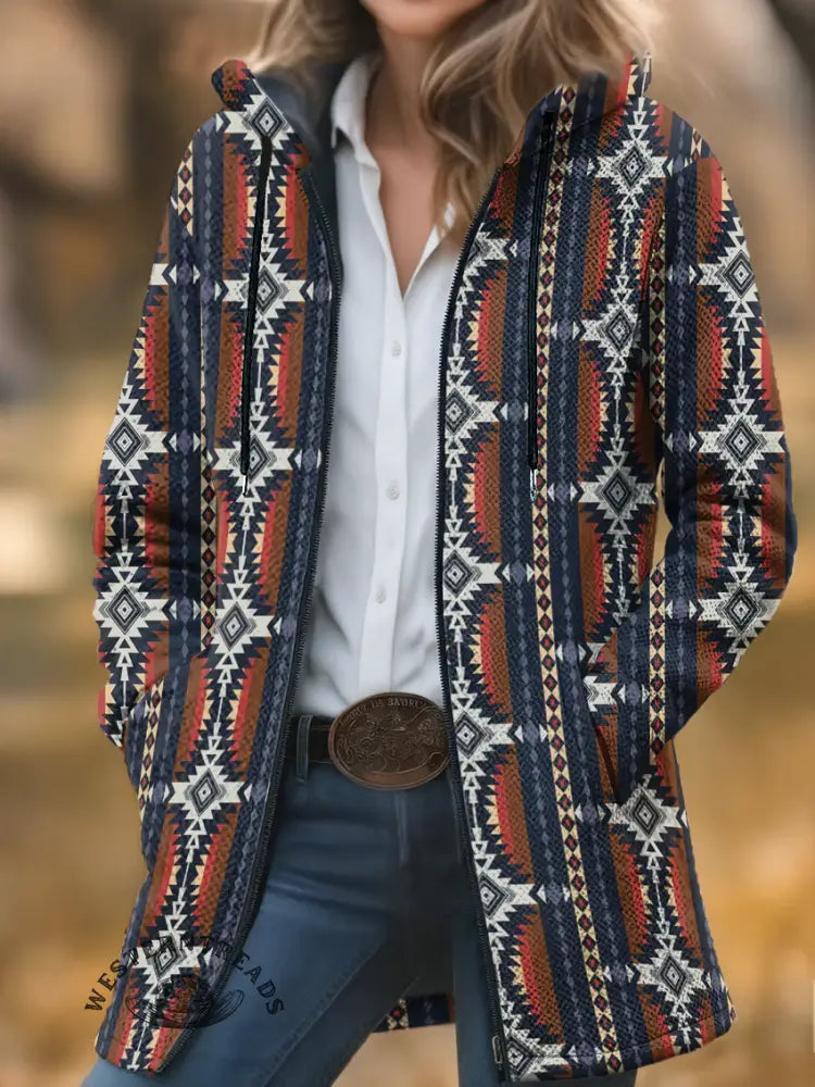Aztec Print Unisex Plush Thick Long-Sleeved Cardigan Coat