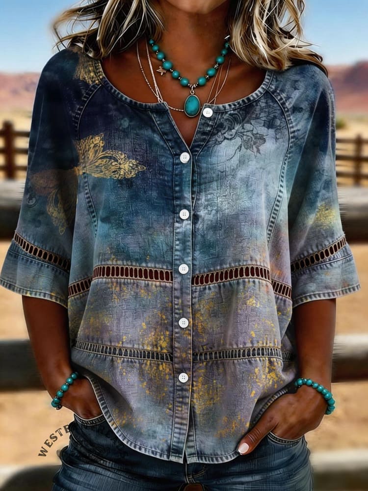 Women's Vintage Floral Print Casual Hollow-out Denim Shirt