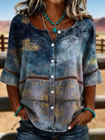 Women's Vintage Floral Print Casual Hollow-out Denim Shirt
