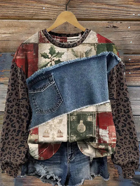 Patchwork Denim Leopard Print Christmas Sweatshirt