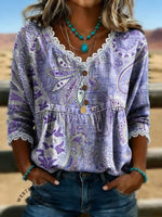 Women's Vintage Floral Print Casual Hollow-Out Denim Shirt