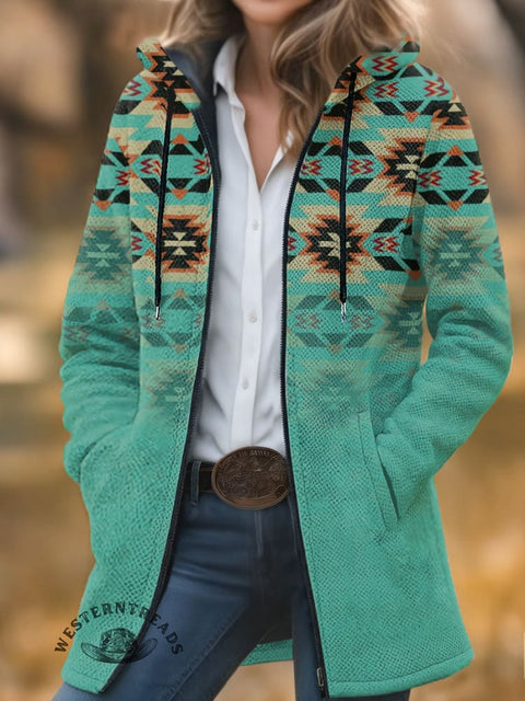 Aztec Print Unisex Plush Thick Long-Sleeved Cardigan Coat