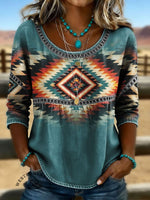 Women's Vintage Aztec Print Casual Hollow Denim Shirt