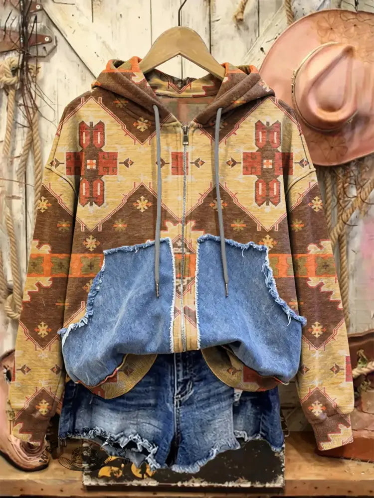 Retro Print Casual Cotton Patchwork Hooded Zip-up Sweatshirt