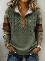 Retro Fabric Art Print Casual Half-zip Cotton Patchwork Sweatshirt