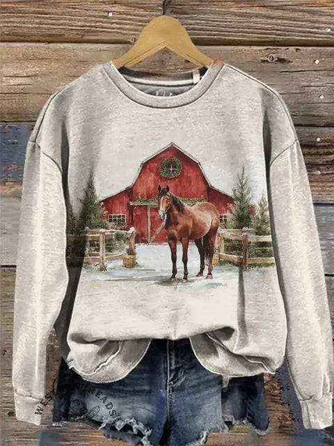 Christmas Horse Art Print Casual Sweatshirt