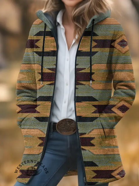 Retro Aztec Print Unisex Plush Thick Long-sleeved Sweater Cardigan Coat