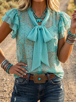 Women's Paisley Art Print Casual Lace Up Ruffle Shirt