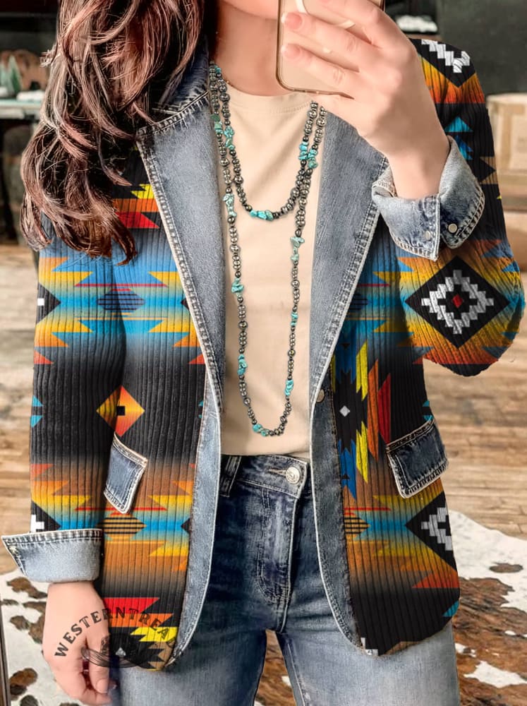 Aztec Print Patchwork Denim Sweater