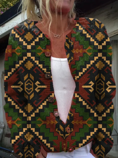Retro Color Aztec Print Buttoned Cardigan Sweater