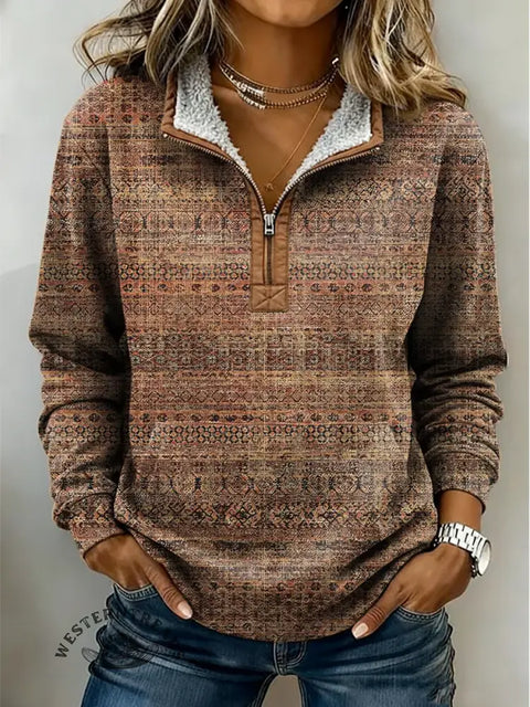 Casual Retro Art Texture Print Half-Zip Cotton Sweatshirt