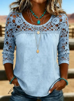 Women's Solid Color Casual Loose Lace Denim Shirt