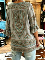 Women's Vintage Aztec Print Patchwork Chiffon Casual Shirt
