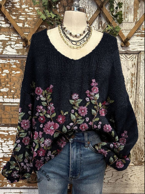 Women's Floral Art Pattern Print Casual V-neck Pullover Knit Top
