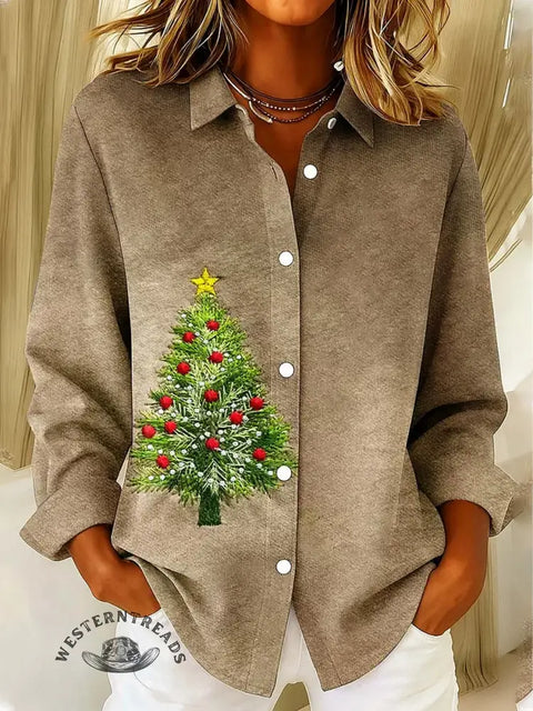 Women's Christmas Tree Print Casual Cotton Shirt